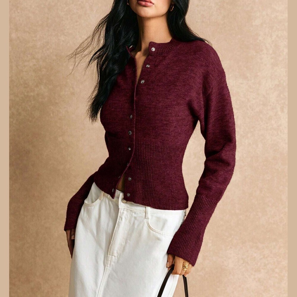 Burgundy Ribbed Waist Knit Button Front Fitted Cardigan